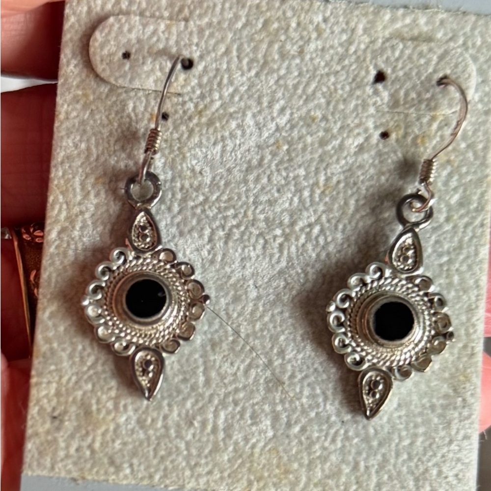1990’s Boho Chic Sterling Silver and Black Dangle Earrings